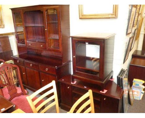 Stag glazed door and shelf back dresser, glazed door hi-fi cabinet and television stand (3)