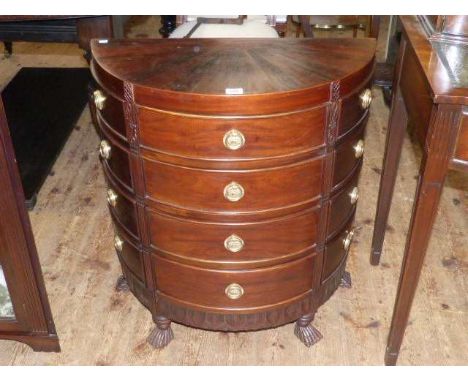 George III style mahogany demi lune commode, fitted with twelve drawers