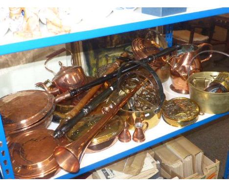 Four brass jam pans, four copper warming pans, hunting horn and various copper and brass ware