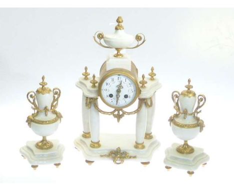 Marble and ormolu clock garniture with enamel painted dial