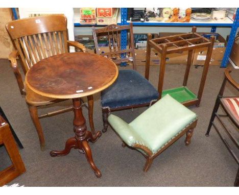 Mahogany armchair, walnut nursing chair, walnut and mahogany stalk table, adjustable gout stool and stick stand (5)