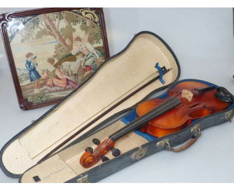 Victorian mahogany framed tapestry and cased violin and bow