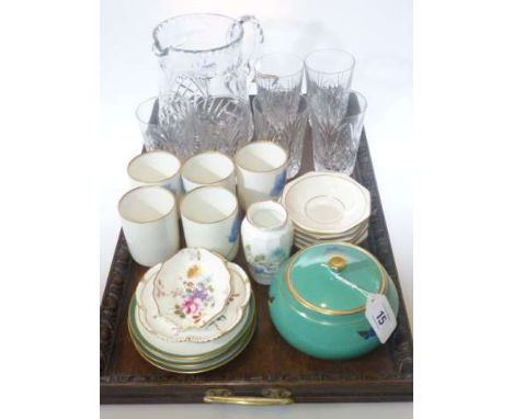 Crystal water set, beakers and saucers, etc