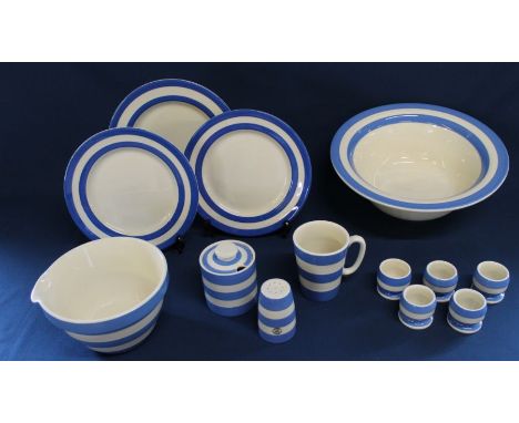 Selection of new T G Green Cornish Blue / Cornishware including lipped pudding basin, cone beaker, marmalade jar, egg cups &a