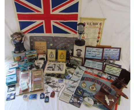 Mixed selection of items includes Dad's Army notebook and mug, tea towels, coasters, pencil sharpeners, aeroplane pin badges 