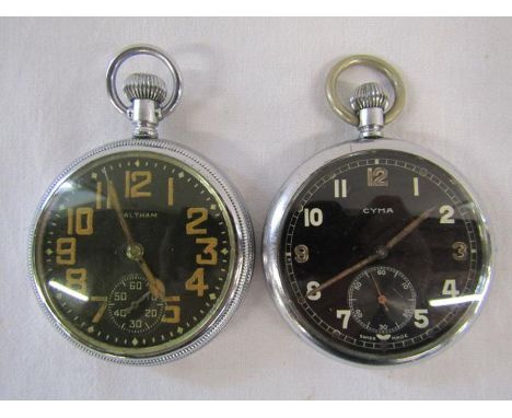 Waltham and Cyma (marked G.S.T.P to rear) military pocket watches both marked with the broad arrow mark
