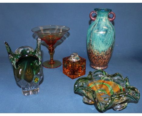 Amber glass cube cigarette lighter, amber glass tazza, glass glitter vase, green glass vase &amp; green &amp; gold dish