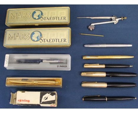 2 Parker fountain pens &amp; selection of Parker propelling pencils &amp; pens, 2 Mars Staedtler tins with pencils, compass &
