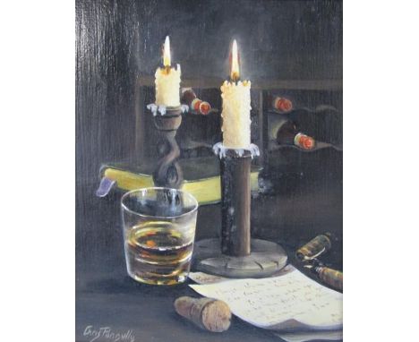 Chris Pengelly framed oil on board depicting still life candles entitled 'Candle light' - approx.&nbsp; 39.5cm x 34cm