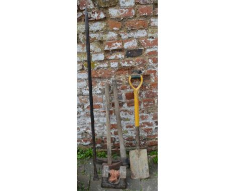 Pick axe, sledge hammer, crowbar, spade &amp; a weight