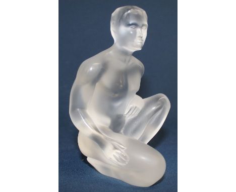 Lalique frosted Art Glass sculpture of a kneeling man, signed to base, 12cm high, with box