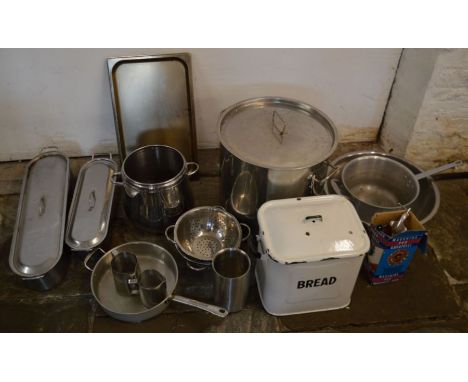 Stainless steel catering equipment including fish kettles, pans, colanders etc &amp; an enamel bread bin&nbsp;