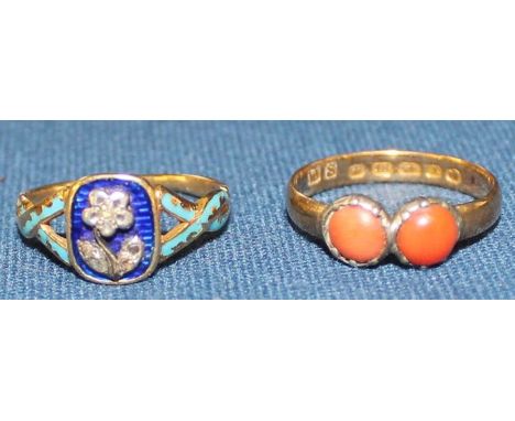 18ct gold &amp; coral ring size M / N 1.9g &amp; tested as 18ct gold diamond &amp; enamel ring with keepsake compartment 2.8g