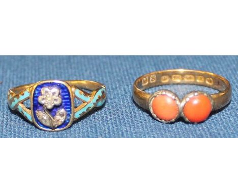 18ct gold &amp; coral ring size M / N 1.9g &amp; tested as 18ct gold diamond &amp; enamel ring with keepsake compartment 2.8g