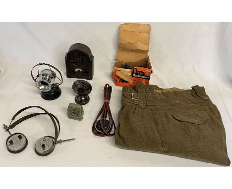 Box of 6 radio microphones, headphones and pair of army trousers&nbsp;