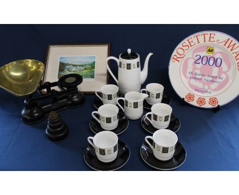 Set of Salter scales &amp; weights with brass pan, Royal Stafford bone china "Medici" coffee set, Rosette Award plate &amp; s