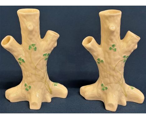 Pair of Belleek shamrock tree trunk vases&nbsp;