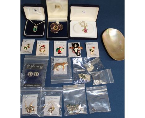 Selection of enamel pin badges, earrings, abalone costume jewellery &amp; mother of pearl shell etc.