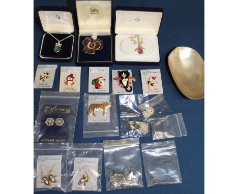 Selection of enamel pin badges, earrings, abalone costume jewellery &amp; mother of pearl shell etc.