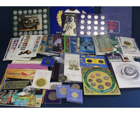 Selection of commemorative coins including £5, £2, £1, Esso World Cup Coin Collection, tea cards &amp; First Day Covers