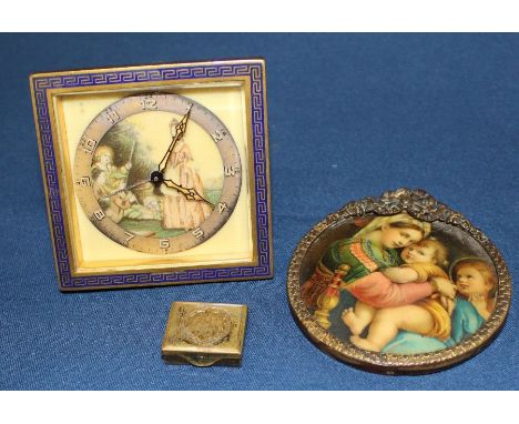 Small decorative desk clock with easel stand, Old Master miniature in ornate frame &amp; The Laurel Ladies Boudoir safety raz