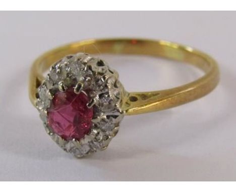 18ct gold ruby and diamond cluster ring - ring size O