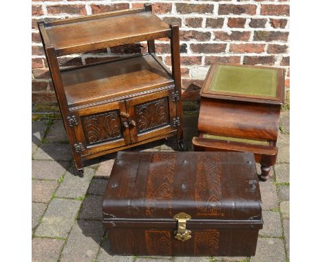 Small metal trunk, trolley and a Victorian library step with broken leg&nbsp;
