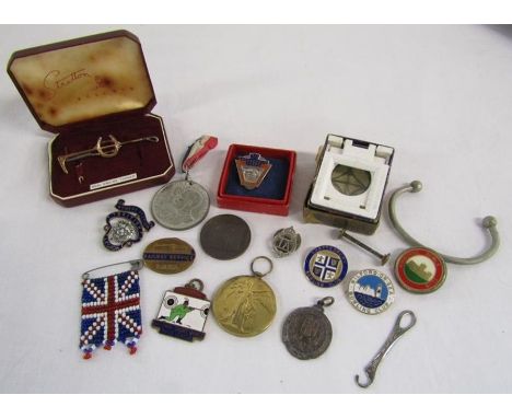 Stratton horse shoe and whip tie clip, pin badges include L.N.E.R, T.A, etc plus other items