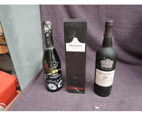 Three bottles of Alcohol, Royal Celebration 1986 Vin Mouxxeux France Sparkling Wine 9.5%, 75cl, Taylors 10 Year Old Tawny Por