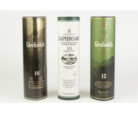 THREE 70cl BOTTLES OF SINGLE MALT SCOTCH WHISKY, comprising: GLENFIDDICH 18 YEARS, GLENFIDDICH 12 YEARS, and LAPHROAIG 10 YEA
