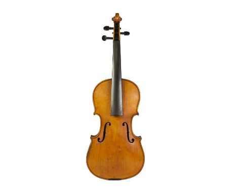 AN EARLY TWENTIETH CENTURY GERMAN VIOLIN, with 13 3/8" two part back, an UNBRANDED COPY OF A STRADIVARIUS with bow (a.f.) and