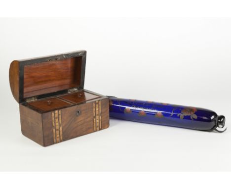 A LATE VICTORIAN BLUE GLASS ROLLING PIN, floral decorated and inscribed 'A Present from Newcastle' also A LATE VICTORIAN TUNB