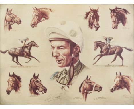 G.E. HOARE ARTIST AND JOCKEY SIGNED LIMITED EDITION COLOUR OF LESTER PIGGOTT With central portrait surrounded by ten vignette