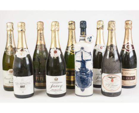 NINE BOTTLES OF CHAMPAGNE, including: HEIDSIECK & Co, Monopole Blue Top, SAREY (x2), H. BLIN & Co (Rose), V & J. LANAUD, PIPE