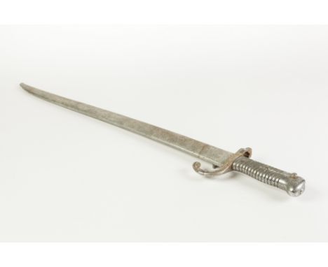 NINETEENTH CENTURY FRENCH SWORD BAYONET, with slightly curved single edge blade, inscribed 'St. Etienne Juin 1872', scrolled 