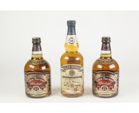 TWO BOTTLES GLEN TURNER MALT SCOTCH WHISKY, 21 YEARS, together with a BOTTLE OF GLEN MORAY MALT SCOTCH WHISKY, 16 YEARS, labe