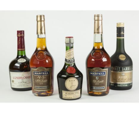 THREE BOTTLES OF COGNAC, comprising: COURVOISIER and TWO BOTTLES OF MARTELL, together with a bottle of THREE BARRELS BRANDY, 