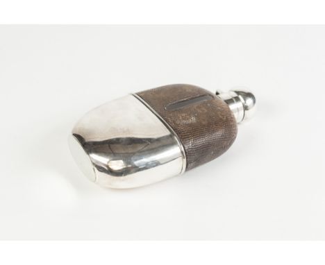 LIZARD OR SNAKE SKIN PART COVERED GLASS HIP FLASK, with plated bayonet hinged cover and pull off cup to the base, unmarked, 6