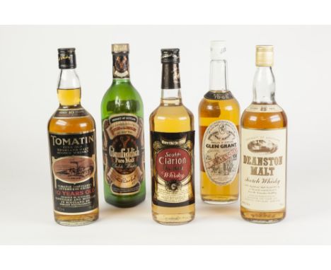 FIVE 70/75cl BOTTLES OF MALT SCOTCH WHISKY, comprising: TOMATIN 10 YEARS, GLEN GRANT 5 YEARS, DEANSTON 8 YEARS, CLARION and G