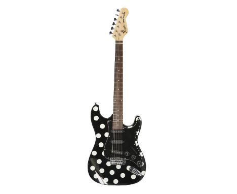 FENDER BUDDY GUT POLKA DOT STRATOCASTER SIX STRING ELECTRIC GUITAR, with two tone and one volume control knobs, black and whi