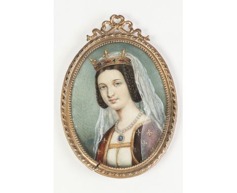 FRENCH SCHOOL (Late Nineteenth Century) OVAL PORTRAIT MINIATURE ON IVORY  of a Medieval French Queen 4 7/8" x 3 3/8" (12cm x 