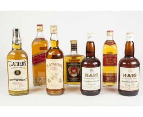 SEVEN BOTTLES OF BLENDED SCOTCH WHISKY, comprising: JOHNNIE WALKER RED LABEL, 1ltr, HAIG (x2), THE CLAYMORE, HIGHLAND PRICE, 