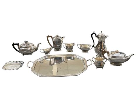 A quantity of silver plated items, including a large twin handled tray, 61 x 38cm, a four piece silver plated tea service, sa