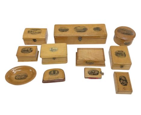 MAUCHLINE WARE; ten pieces comprising a rectangular hinged lidded box, 'Bournemouth Pier', 'Invalids Walk, Bournemouth', 'Bou
