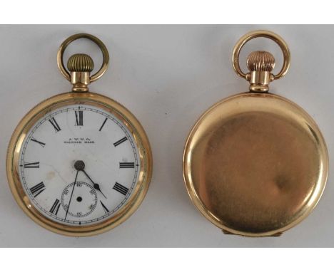 A W W WALTHAM MASS CO; an early 20th century gold plated open face pocket watch, the white enamel dial set with Roman numeral
