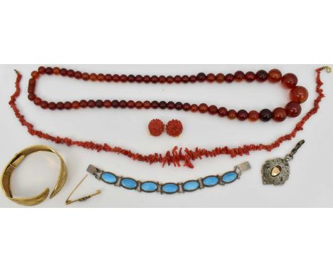 A group of costume jewellery, comprising a 9ct gold bar brooch with three claw set white stones, a hallmarked silver prize fo