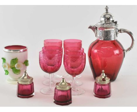 A Victorian cranberry glass claret jug with silver plated top, height 24.5cm, three pairs of late 19th/early 20th century cra