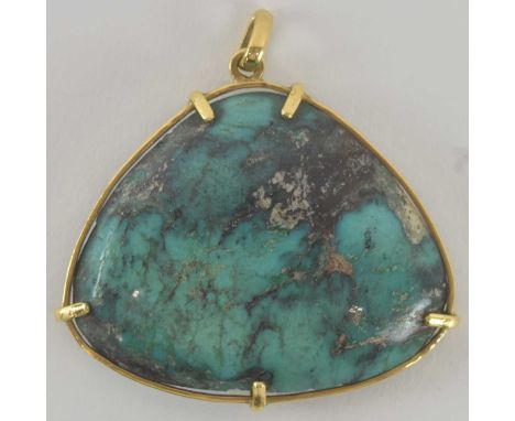 A yellow metal mounted turquoise triangular pendant, 5 x 4.2cm, approx 30g.Provenance: Please note, unfortunately the metal i