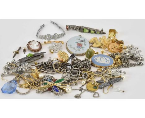A collection of costume jewellery including three 9ct gold rings, one with simulated pearl, one with a cushion cut citrine an