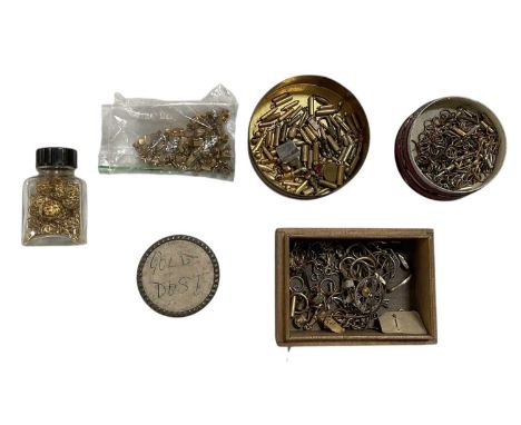 A collection of assorted yellow metal, gold plate and gilt metal including broken jewellery parts, clasps, clips, pendants, d